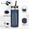 imageTronco 22oz Glass Tumbler with Bamboo Lid and Straw Reusable Iced Coffee Cup for Boba Tea Smoothies ampamp Cold Drinks SpillProof Glass Cup with Silicone Sleeve Dishwasher Safe BPAFree Pack of 1Denim Blue