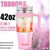 imageTronco 40 oz Glass Tumbler with Handle Bamboo Lid and Straw Fits Cup Holders Reusable Glass Water Bottles for Iced Coffee and Smoothie LeadFree BPAFreeMixedPink