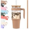 imageTronco 40 oz Glass Tumbler with Handle Bamboo Lid and Straw Fits Cup Holders Reusable Glass Water Bottles for Iced Coffee and Smoothie LeadFree BPAFreeKhakiBamboo