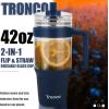 imageTronco 40 oz Glass Tumbler with Handle Bamboo Lid and Straw Fits Cup Holders Reusable Glass Water Bottles for Iced Coffee and Smoothie LeadFree BPAFreeNavy Blue