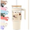 imageTronco 40 oz Glass Tumbler with Handle Bamboo Lid and Straw Fits Cup Holders Reusable Glass Water Bottles for Iced Coffee and Smoothie LeadFree BPAFreeCreamBamboo
