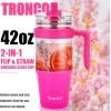 imageTronco 40 oz Glass Tumbler with Handle Bamboo Lid and Straw Fits Cup Holders Reusable Glass Water Bottles for Iced Coffee and Smoothie LeadFree BPAFreeHot Pink