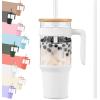 imageTronco 40 oz Glass Tumbler with Handle Bamboo Lid and Straw Fits Cup Holders Reusable Glass Water Bottles for Iced Coffee and Smoothie LeadFree BPAFreeWhiteBamboo