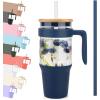 imageTronco 40 oz Glass Tumbler with Handle Bamboo Lid and Straw Fits Cup Holders Reusable Glass Water Bottles for Iced Coffee and Smoothie LeadFree BPAFreeNavy BlueBamboo