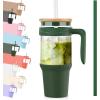 imageTronco 40 oz Glass Tumbler with Handle Bamboo Lid and Straw Fits Cup Holders Reusable Glass Water Bottles for Iced Coffee and Smoothie LeadFree BPAFreeGreenBamboo