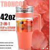 imageTronco 40 oz Glass Tumbler with Handle Bamboo Lid and Straw Fits Cup Holders Reusable Glass Water Bottles for Iced Coffee and Smoothie LeadFree BPAFreeCoral Orange