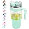 imageTronco 40 oz Glass Tumbler with Handle Bamboo Lid and Straw Fits Cup Holders Reusable Glass Water Bottles for Iced Coffee and Smoothie LeadFree BPAFreeLight Green