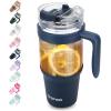 imageTronco 40 oz Glass Tumbler with Handle Bamboo Lid and Straw Fits Cup Holders Reusable Glass Water Bottles for Iced Coffee and Smoothie LeadFree BPAFreeNavy Blue