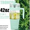 imageTronco 40 oz Glass Tumbler with Handle Bamboo Lid and Straw Fits Cup Holders Reusable Glass Water Bottles for Iced Coffee and Smoothie LeadFree BPAFreeLight Green