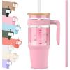 imageTronco 40 oz Glass Tumbler with Handle Bamboo Lid and Straw Fits Cup Holders Reusable Glass Water Bottles for Iced Coffee and Smoothie LeadFree BPAFreePinkBamboo