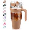 imageTronco 40 oz Glass Tumbler with Handle Bamboo Lid and Straw Fits Cup Holders Reusable Glass Water Bottles for Iced Coffee and Smoothie LeadFree BPAFreeKhaki