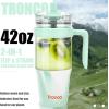 imageTronco 40 oz Glass Tumbler with Handle Bamboo Lid and Straw Fits Cup Holders Reusable Glass Water Bottles for Iced Coffee and Smoothie LeadFree BPAFreeMixedLight Green