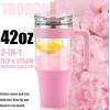 imageTronco 40 oz Glass Tumbler with Handle Bamboo Lid and Straw Fits Cup Holders Reusable Glass Water Bottles for Iced Coffee and Smoothie LeadFree BPAFreePink