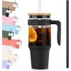imageTronco 40 oz Glass Tumbler with Handle Bamboo Lid and Straw Fits Cup Holders Reusable Glass Water Bottles for Iced Coffee and Smoothie LeadFree BPAFreeBlackBamboo