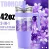 imageTronco 40 oz Glass Tumbler with Handle Bamboo Lid and Straw Fits Cup Holders Reusable Glass Water Bottles for Iced Coffee and Smoothie LeadFree BPAFreeLavender