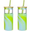 imageTronco 20 oz Glass Tumbler with Lid and Straw Iced Coffee Cup and Smoothie Cup with Bamboo Lids ampamp Protective Silicone Sleeve Dishwasher Safe BPAFree Glass Cup 2 PackBright Green2 Pack