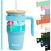 imageTronco 40 oz Glass Tumbler with Handle Bamboo Lid and Straw Fits Cup Holders Reusable Glass Water Bottles for Iced Coffee and Smoothie LeadFree BPAFreeskyblueBamboo