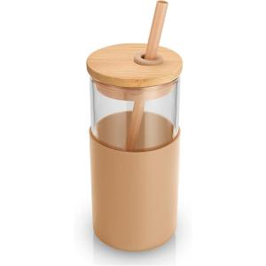 imageTronco 16 oz Glass Tumbler with Straw and Bamboo Lid Iced Coffee Cup Reusable Smoothie Cups Tumbler with Silicone Protective Sleeve  BPA FreeAmber