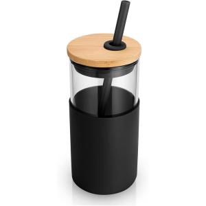 imageTronco 16 oz Glass Tumbler with Straw and Bamboo Lid Iced Coffee Cup Reusable Smoothie Cups Tumbler with Silicone Protective Sleeve  BPA FreeBlack