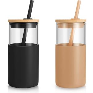 imageTronco 16 oz Glass Tumbler with Straw and Bamboo Lid Iced Coffee Cup Reusable Smoothie Cups Tumbler with Silicone Protective Sleeve  BPA FreeBlack Amber2 Pack