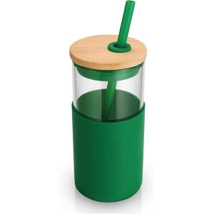 imageTronco 16 oz Glass Tumbler with Straw and Bamboo Lid Iced Coffee Cup Reusable Smoothie Cups Tumbler with Silicone Protective Sleeve  BPA FreeBlackish Green