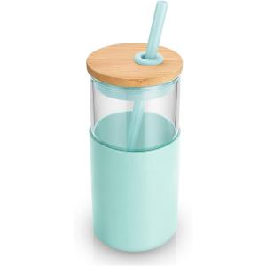 imageTronco 16 oz Glass Tumbler with Straw and Bamboo Lid Iced Coffee Cup Reusable Smoothie Cups Tumbler with Silicone Protective Sleeve  BPA FreeBlessed Blue