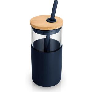 imageTronco 16 oz Glass Tumbler with Straw and Bamboo Lid Iced Coffee Cup Reusable Smoothie Cups Tumbler with Silicone Protective Sleeve  BPA FreeBlue Horizon