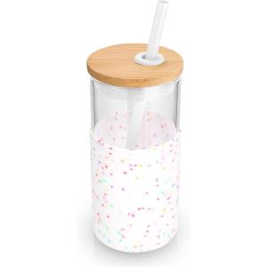 imageTronco 16 oz Glass Tumbler with Straw and Bamboo Lid Iced Coffee Cup Reusable Smoothie Cups Tumbler with Silicone Protective Sleeve  BPA FreeColored spots