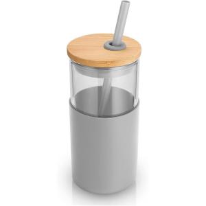 imageTronco 16 oz Glass Tumbler with Straw and Bamboo Lid Iced Coffee Cup Reusable Smoothie Cups Tumbler with Silicone Protective Sleeve  BPA FreeFrench Grey
