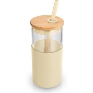 imageTronco 16 oz Glass Tumbler with Straw and Bamboo Lid Iced Coffee Cup Reusable Smoothie Cups Tumbler with Silicone Protective Sleeve  BPA FreeGravel Ash