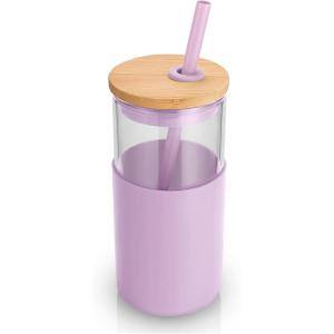 imageTronco 16 oz Glass Tumbler with Straw and Bamboo Lid Iced Coffee Cup Reusable Smoothie Cups Tumbler with Silicone Protective Sleeve  BPA FreeLight Purple
