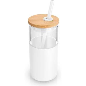 imageTronco 16 oz Glass Tumbler with Straw and Bamboo Lid Iced Coffee Cup Reusable Smoothie Cups Tumbler with Silicone Protective Sleeve  BPA FreeWhite
