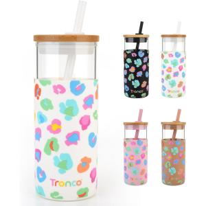 imageTronco 20 oz Glass Tumbler with Lid and Straw Iced Coffee Cup and Smoothie Cup with Bamboo Lids ampamp Protective Silicone Sleeve Dishwasher Safe BPAFree Glass Cup 2 PackWhite Leopard Pattern