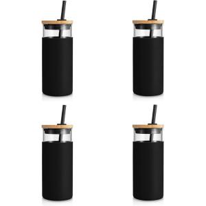 imageTronco 20 oz Glass Tumbler with Lid and Straw Iced Coffee Cup and Smoothie Cup with Bamboo Lids ampamp Protective Silicone Sleeve Dishwasher Safe BPAFree Glass Cup 2 PackBlack4Pack