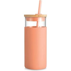 imageTronco 20 oz Glass Tumbler with Lid and Straw Iced Coffee Cup and Smoothie Cup with Bamboo Lids ampamp Protective Silicone Sleeve Dishwasher Safe BPAFree Glass Cup 2 PackOrange