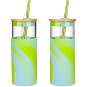 imageTronco 20 oz Glass Tumbler with Lid and Straw Iced Coffee Cup and Smoothie Cup with Bamboo Lids ampamp Protective Silicone Sleeve Dishwasher Safe BPAFree Glass Cup 2 PackBright Green2 Pack