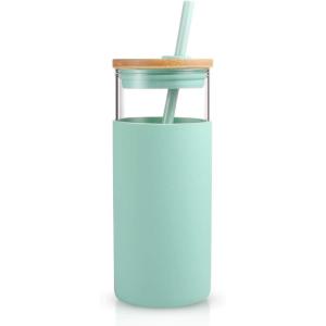 imageTronco 20 oz Glass Tumbler with Lid and Straw Iced Coffee Cup and Smoothie Cup with Bamboo Lids ampamp Protective Silicone Sleeve Dishwasher Safe BPAFree Glass Cup 2 PackMidnight Green