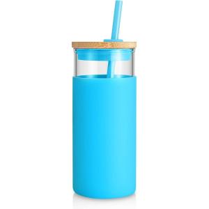 imageTronco 20 oz Glass Tumbler with Lid and Straw Iced Coffee Cup and Smoothie Cup with Bamboo Lids ampamp Protective Silicone Sleeve Dishwasher Safe BPAFree Glass Cup 2 PackCoral Blue
