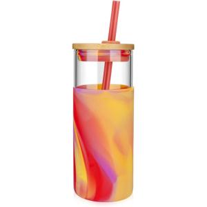 imageTronco 20 oz Glass Tumbler with Lid and Straw Iced Coffee Cup and Smoothie Cup with Bamboo Lids ampamp Protective Silicone Sleeve Dishwasher Safe BPAFree Glass Cup 2 PackReddish Yellow