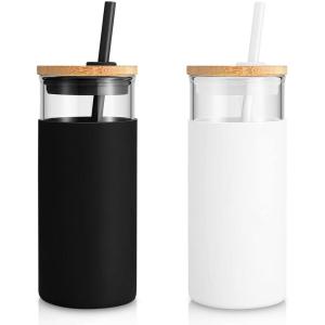 imageTronco 20 oz Glass Tumbler with Lid and Straw Iced Coffee Cup and Smoothie Cup with Bamboo Lids ampamp Protective Silicone Sleeve Dishwasher Safe BPAFree Glass Cup 2 PackWhiteBlack