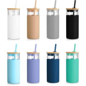 imageTronco 20 oz Glass Tumbler with Lid and Straw Iced Coffee Cup and Smoothie Cup with Bamboo Lids ampamp Protective Silicone Sleeve Dishwasher Safe BPAFree Glass Cup 2 PackMixed color