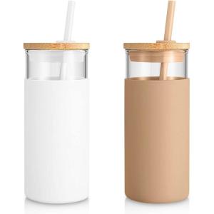 imageTronco 20 oz Glass Tumbler with Lid and Straw Iced Coffee Cup and Smoothie Cup with Bamboo Lids ampamp Protective Silicone Sleeve Dishwasher Safe BPAFree Glass Cup 2 PackWhiteAmber