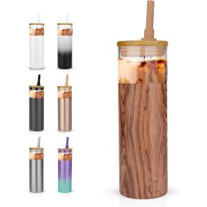 imageTronco 20 oz Insulated Tumbler with Lid Stainless Steel Borosilicate Glass Reusable Iced Coffee Cup for TravelWood Amber