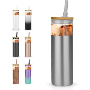 imageTronco 20 oz Vacuum Insulated Glass Tumbler with Lid and Straw  Keeps Drinks Cold for 12 Hrs  Reusable Glass Cup for Iced Coffee Smoothies ampamp Boba  Sweat ampamp BPA Free Dishwasher Safe Fit Car HolderFrench Grey