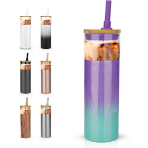 imageTronco 20 oz Vacuum Insulated Glass Tumbler with Lid and Straw  Keeps Drinks Cold for 12 Hrs  Reusable Glass Cup for Iced Coffee Smoothies ampamp Boba  Sweat ampamp BPA Free Dishwasher Safe Fit Car HolderPurple Green