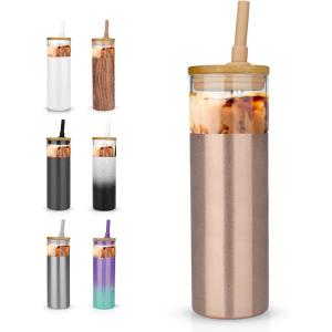 imageTronco 20 oz Vacuum Insulated Glass Tumbler with Lid and Straw  Keeps Drinks Cold for 12 Hrs  Reusable Glass Cup for Iced Coffee Smoothies ampamp Boba  Sweat ampamp BPA Free Dishwasher Safe Fit Car HolderAmber