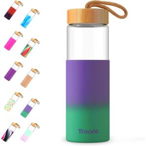 imageTronco 20oz Glass Water Bottles with Bamboo Lid ampamp Silicone Sleeve Leak Proof BPA Free Reusable Borosilicate Glass Bottles for Juicing Smoothies Juice ampamp Water for Men ampamp Women Gym Office TravelPurplish