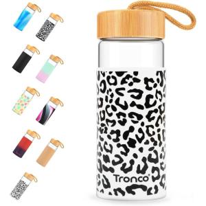 imageTronco 20oz Glass Water Bottles with Bamboo Lid ampamp Silicone Sleeve Leak Proof BPA Free Reusable Borosilicate Glass Bottles for Juicing Smoothies Juice ampamp Water for Men ampamp Women Gym Office TravelWhiteblack leopard