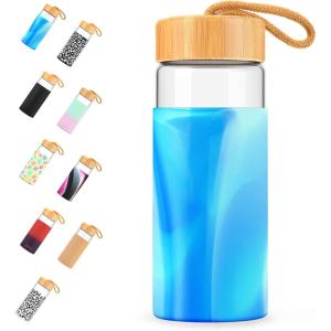 imageTronco 20oz Glass Water Bottles with Bamboo Lid ampamp Silicone Sleeve Leak Proof BPA Free Reusable Borosilicate Glass Bottles for Juicing Smoothies Juice ampamp Water for Men ampamp Women Gym Office Travelaquamarine