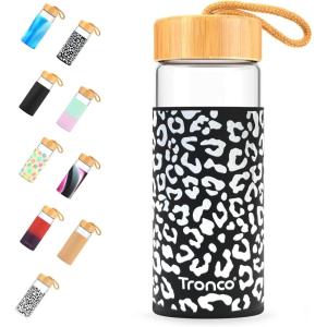 imageTronco 20oz Glass Water Bottles with Bamboo Lid ampamp Silicone Sleeve Leak Proof BPA Free Reusable Borosilicate Glass Bottles for Juicing Smoothies Juice ampamp Water for Men ampamp Women Gym Office TravelBlackWhite Leopard